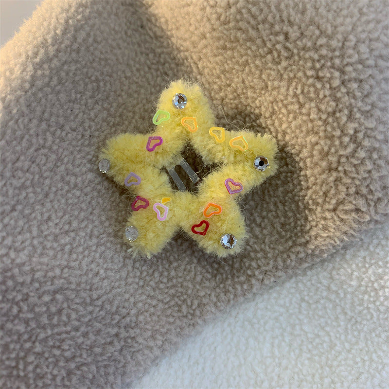 Pinza para el pelo peluda con incrustaciones de diamantes, pinza con borde de estrella de cinco puntas, pinza para flequillo, tocado