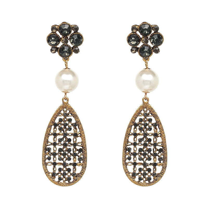Retro Ethnic Style Earrings Color Rhinestone Simple Geometric Hollow Carved
