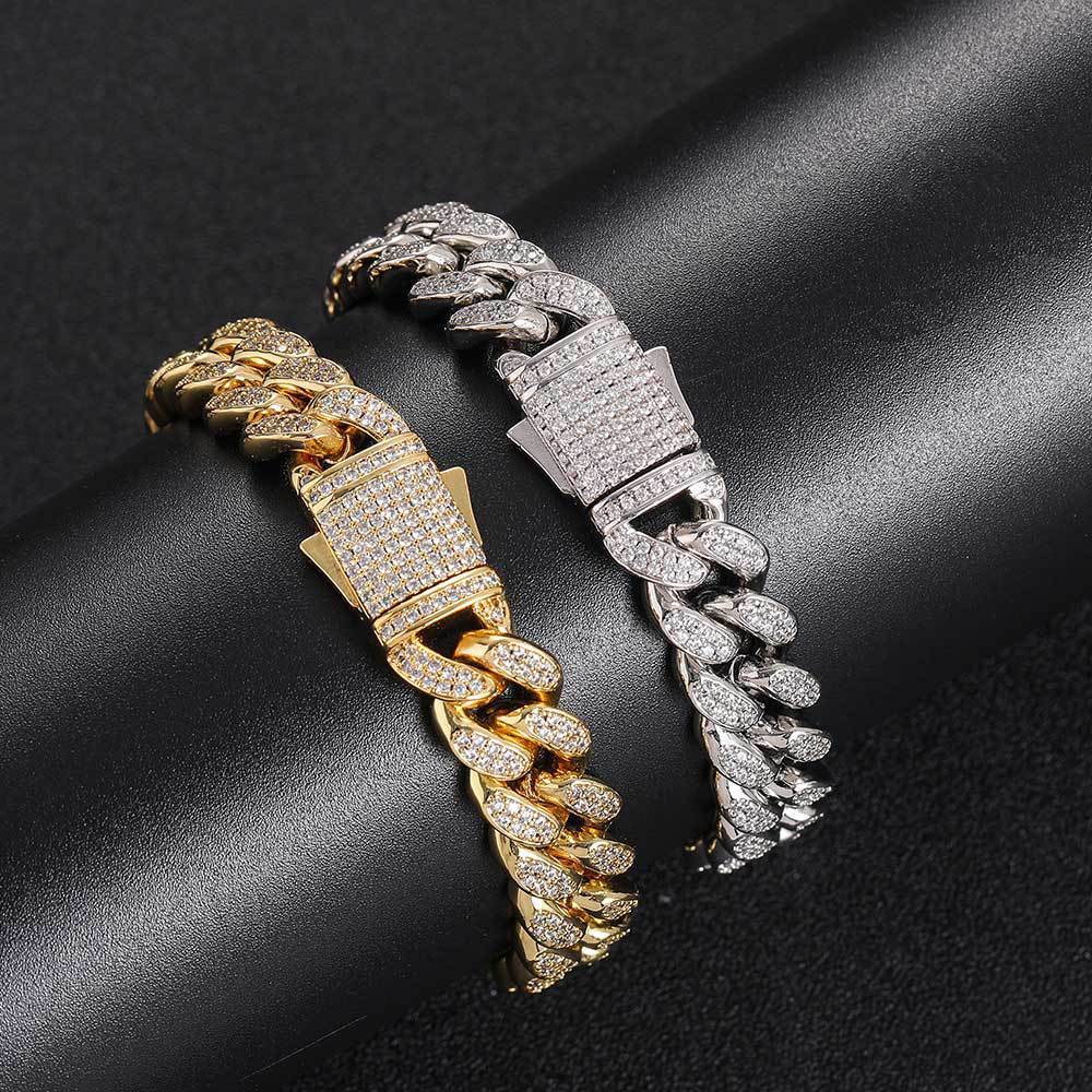 Collier et Bracelet en Zircon à Double rangée, ornement Hip Hop européen, attache à ressort de 12mm