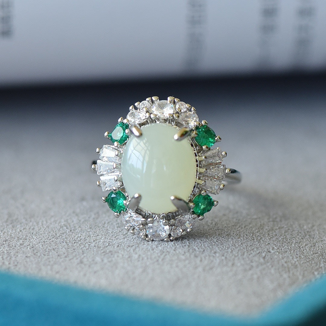 Bague de Surface d'œuf de Jade blanc incrusté de mode pour femmes 925