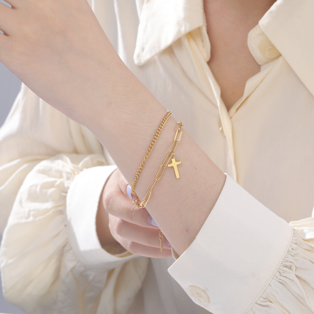 Bracelet à chaîne croisée à Double couche en acier titane à la mode