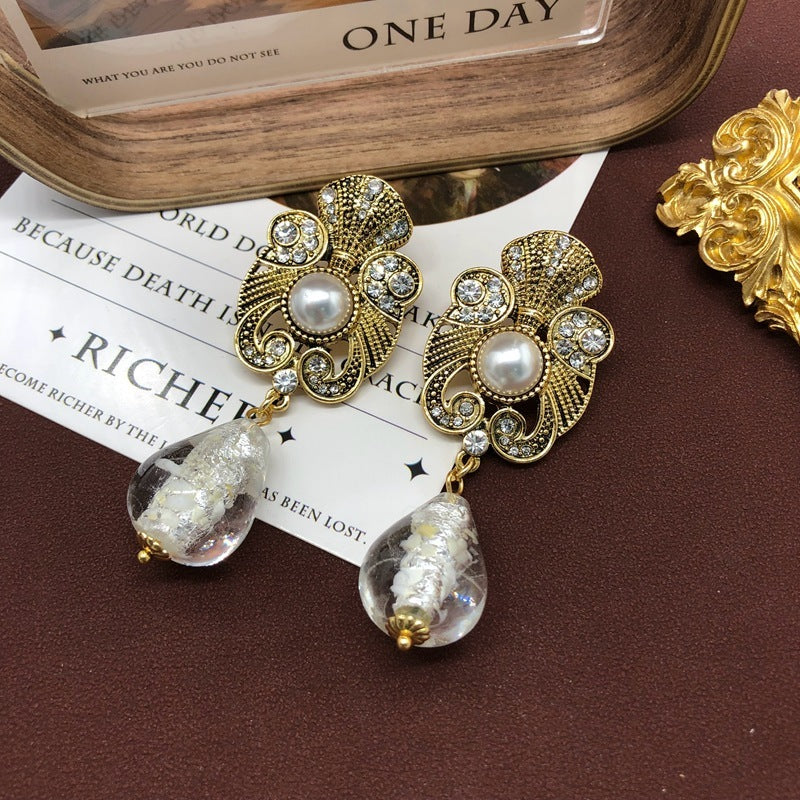 Retro Distressed Design Sense Earrings Rhinestone Pearl Earrings