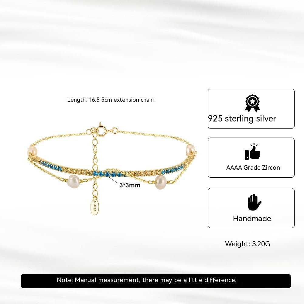 925 Sterling Silver Natural Baroque Pearl Two-tone Tennis Chain Ins Style Bracelet