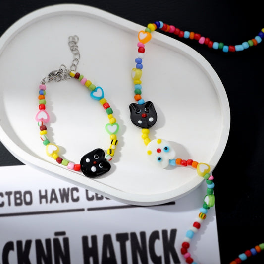 Cartoon Cat Dopamine Necklace Women's Colorful Beaded Necklace Bracelet
