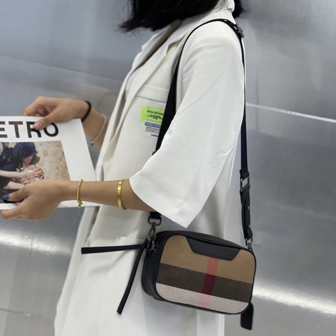 Sac à carreaux en toile polyvalent à bandoulière diagonale