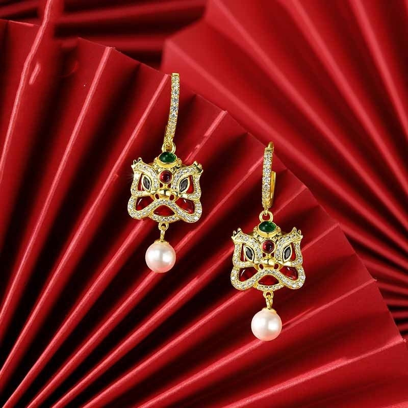 S925 Sterling Silver Chinese Zodiac Animal Year Red Agate Xingshi Earrings