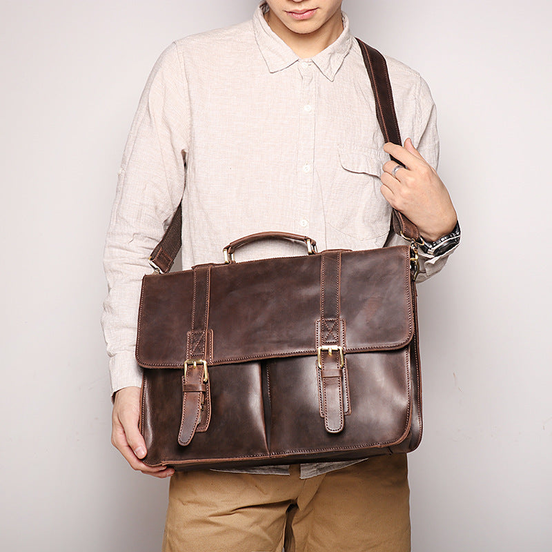 Maletín de cuero Crazy Horse portátil retro de gran capacidad para hombres