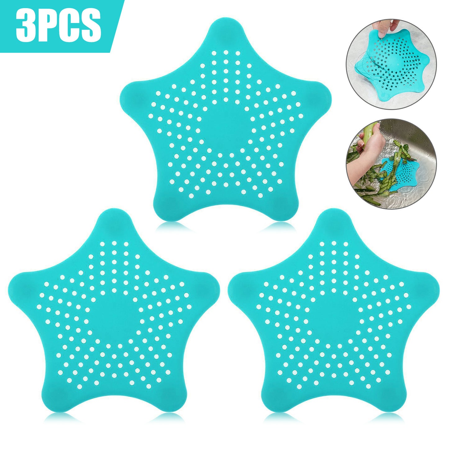 Filtre de vidange d'évier en forme d'étoile de mer en Silicone, 3 pièces, bouchon attrape-cheveux, trou de vidange, filtre pour salle de bains, cuisine, toilettes