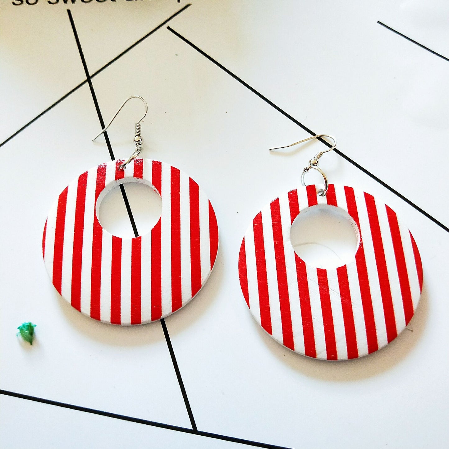 Round Printed Hollow Wooden Earrings South Korea