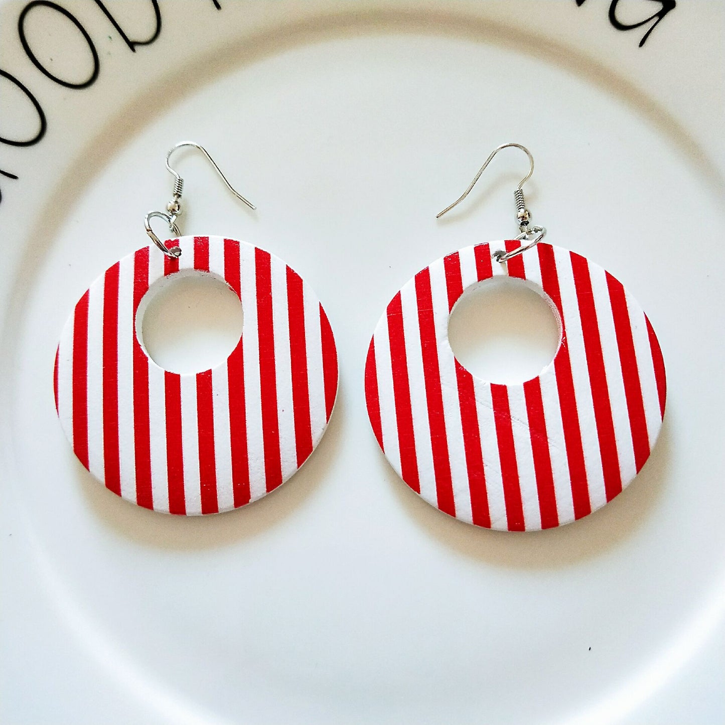 Round Printed Hollow Wooden Earrings South Korea