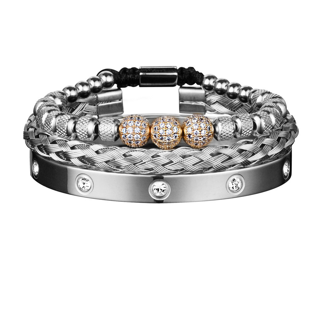 Bracelet en maille d'acier inoxydable, 3 boules de strass, dix diamants