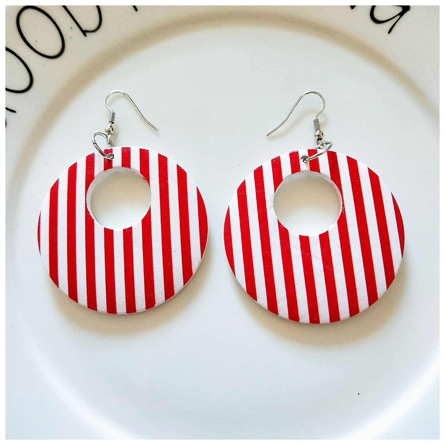Round Printed Hollow Wooden Earrings South Korea