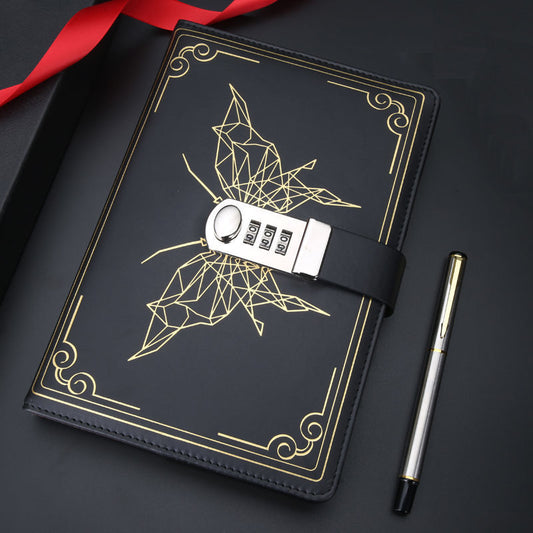 Exquisito cuaderno retro con cuenta de mano, libro de códigos de mariposa