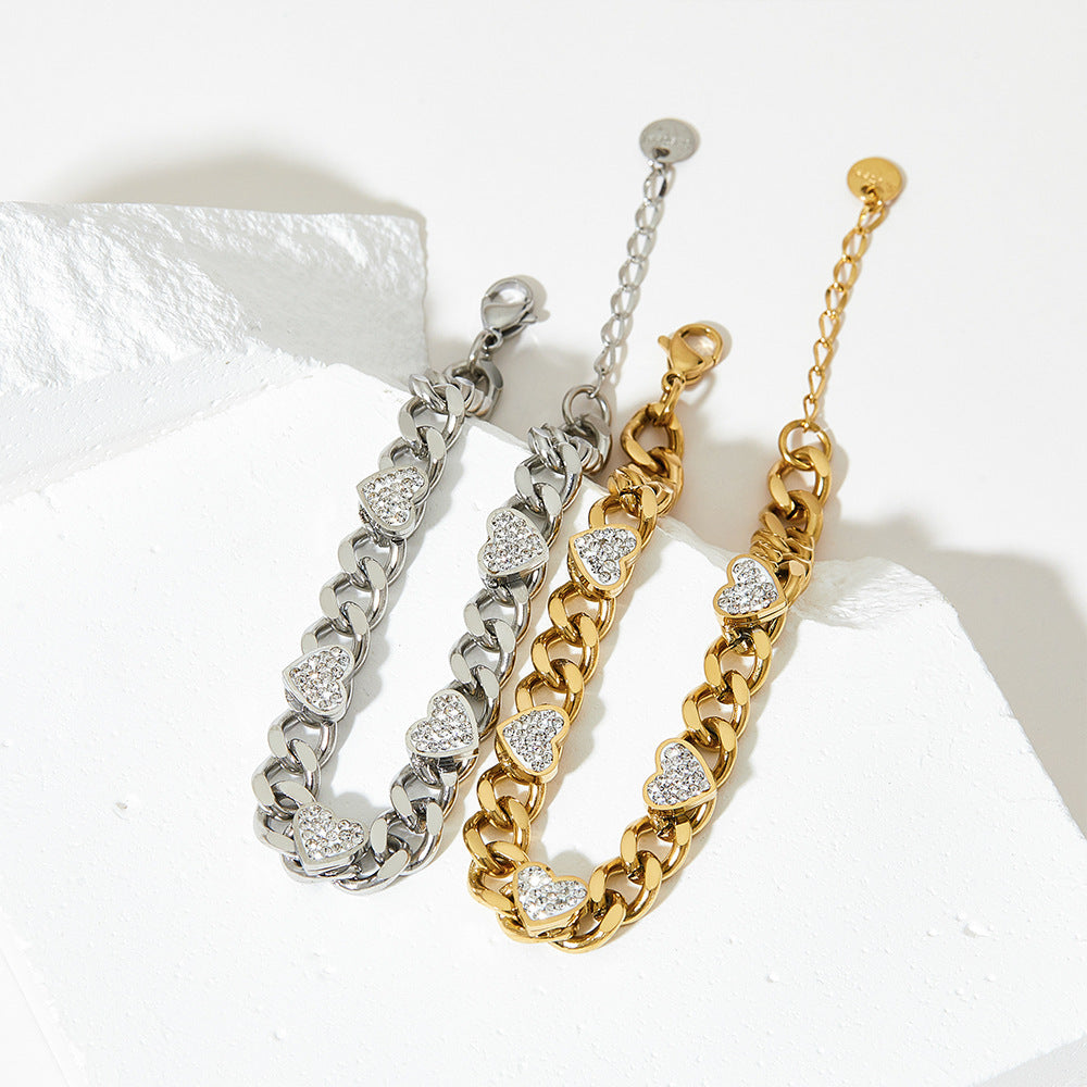 Bracelet rétro français en acier inoxydable et Zircon en forme de cœur