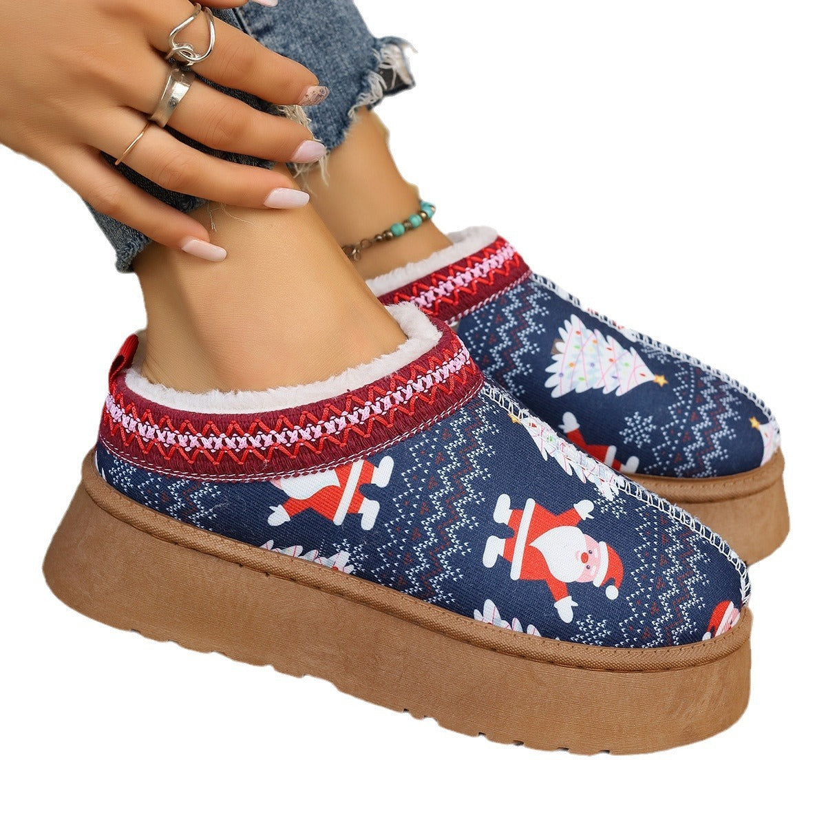 Bottines imprimées de noël pour femmes, chaussures de maison décontractées à enfiler, doublées en peluche, bottes courtes confortables d'hiver