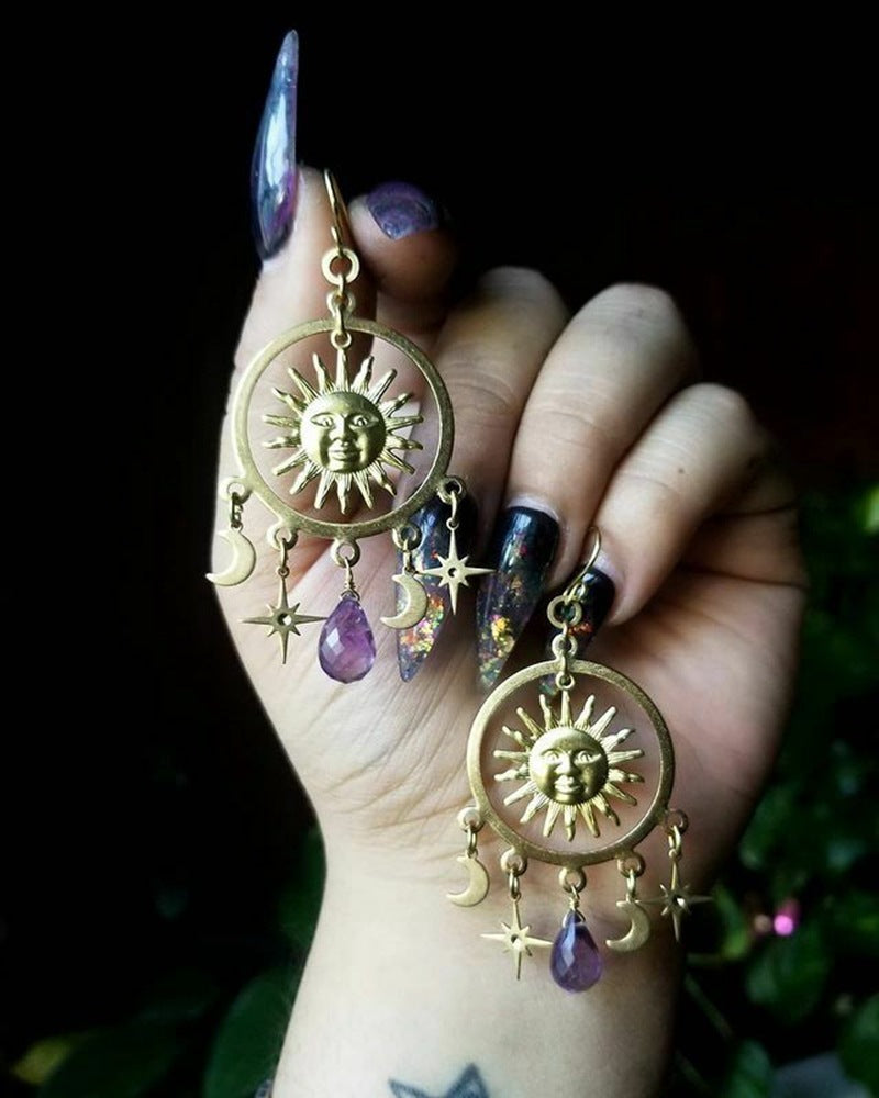 Amethyst Teardrop Pendant Golden Sun Moon XINGX Earrings
