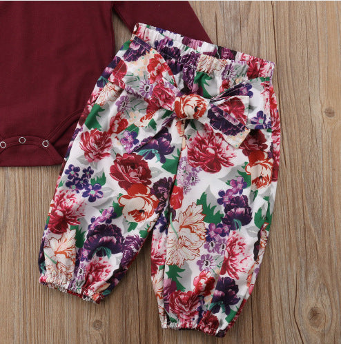 Zinnia ensemble 3 pièces nouveau-né bébé filles rouge hauts solide barboteuse pantalon à fleurs bandeau tenues automne ensemble vêtements