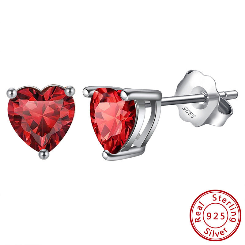 S925 Loving Heart In Sterling Silver Zircon Birthstone Stud Earrings