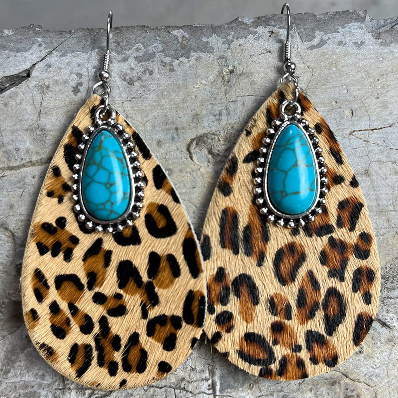 Western Animal Grain Cowhide Water Drop Turquoise Metal Leopard Print Earrings
