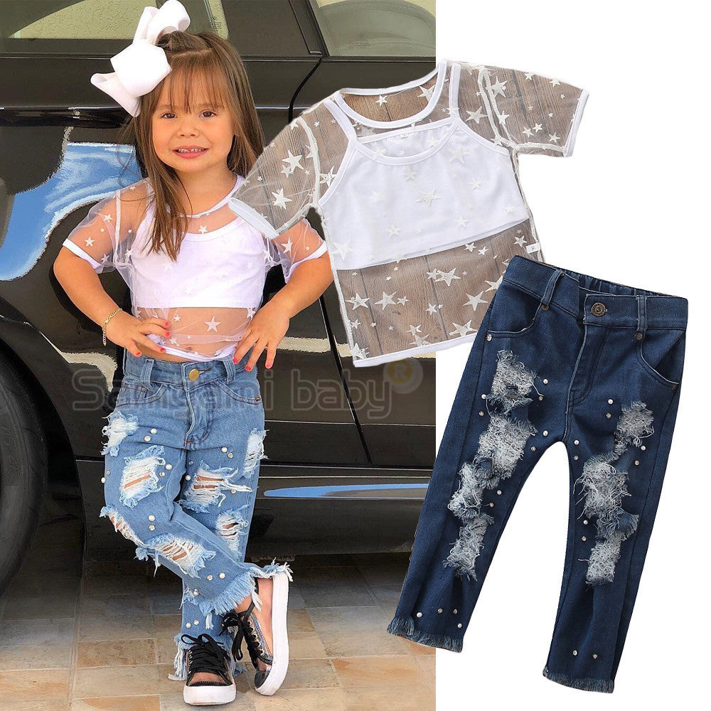 T-shirt à manches courtes pour filles, haut à trous, pantalon en Denim, jean perlé, ensemble de vêtements 2 pièces