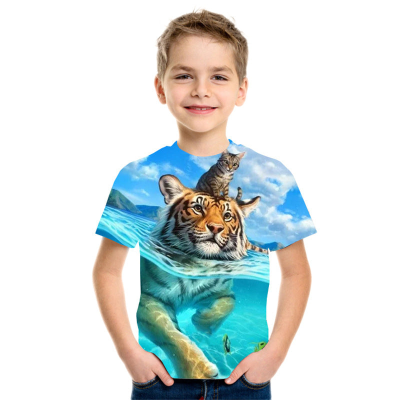 Top de camiseta para niños de moda de manga corta con impresión digital 3D