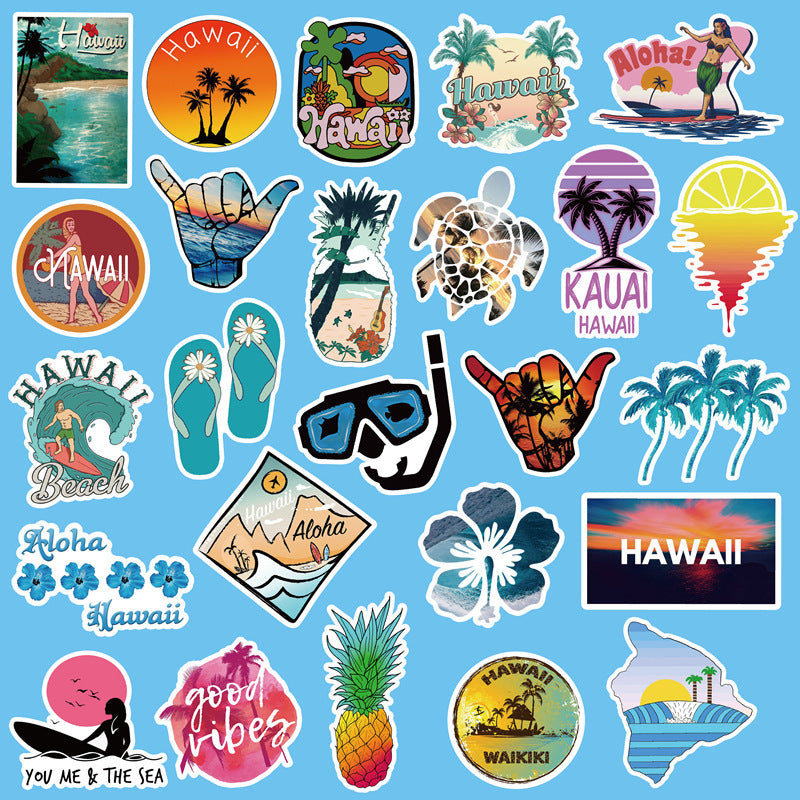 50 pegatinas de viaje hawaianas, pegatinas de grafiti para refrigerador de coche, carrito de vacaciones, pegatinas de cuenta de mano