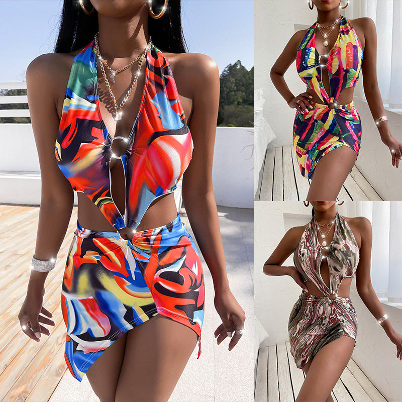 Traje de baño de una pieza con estampado de bikini sexy para mujer