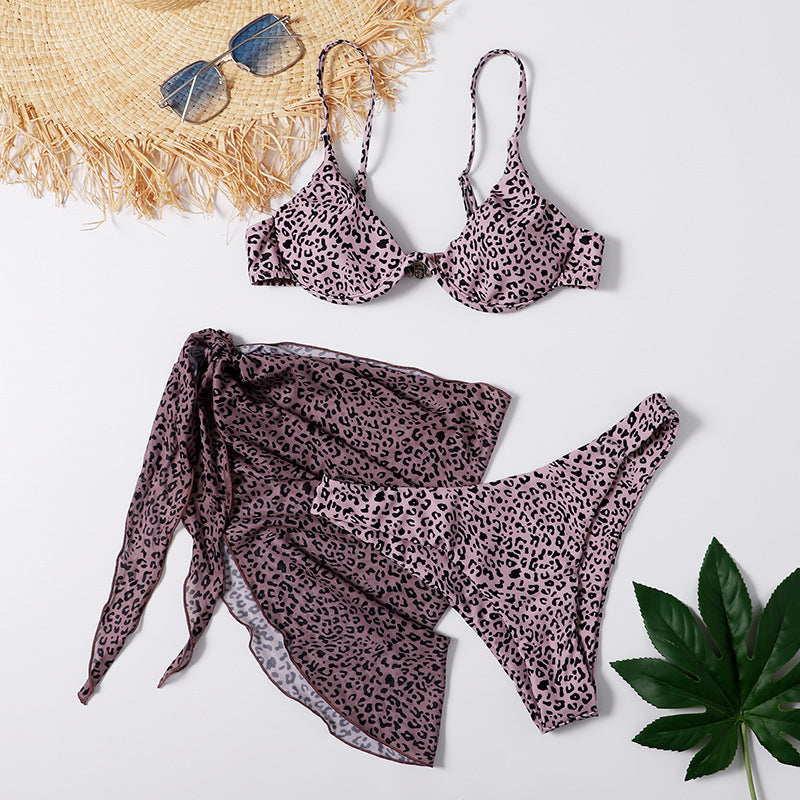 Maillot de bain fendu imprimé léopard sexy ensemble trois pièces pour femme