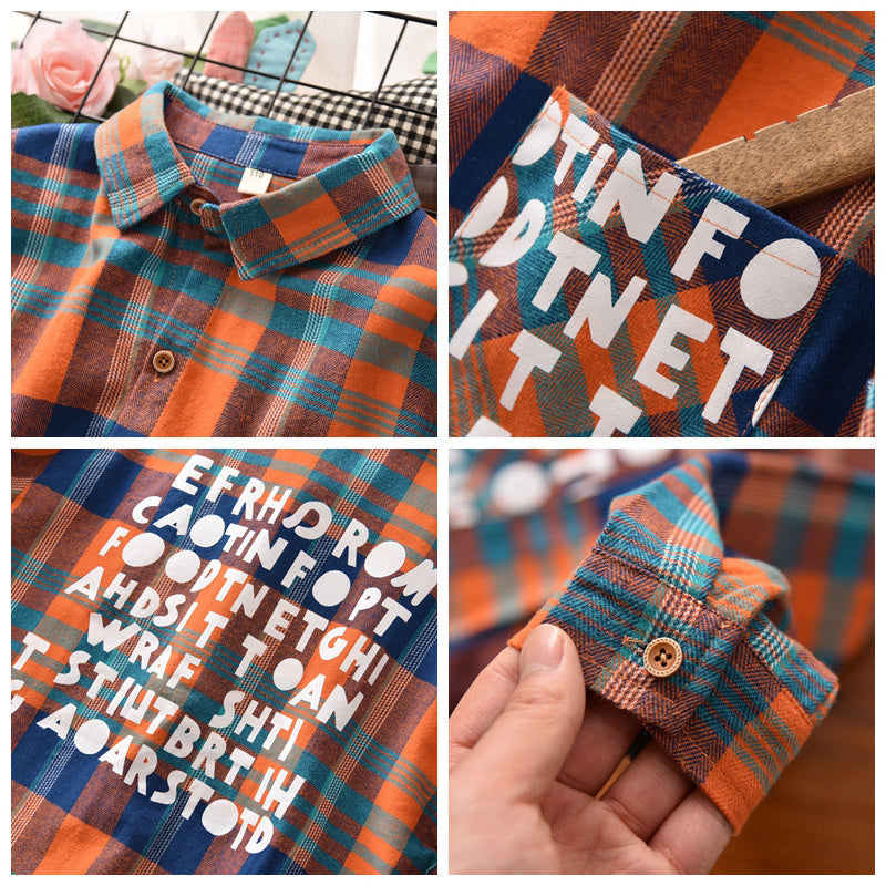 Chemise à manches longues en coton imprimé pour enfants, haut à revers à carreaux