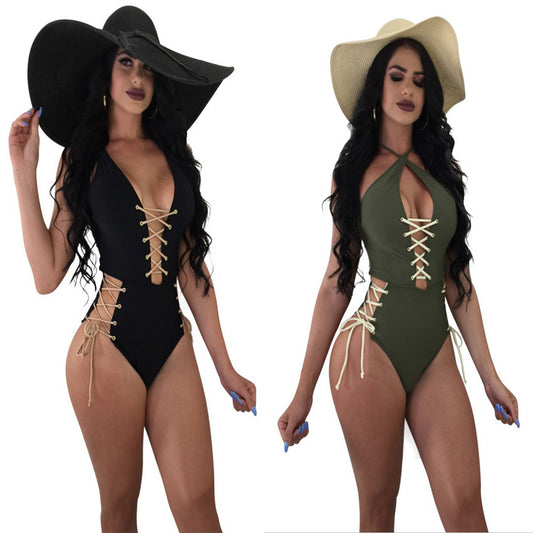 Bikini de una pieza con encaje de color liso sexy
