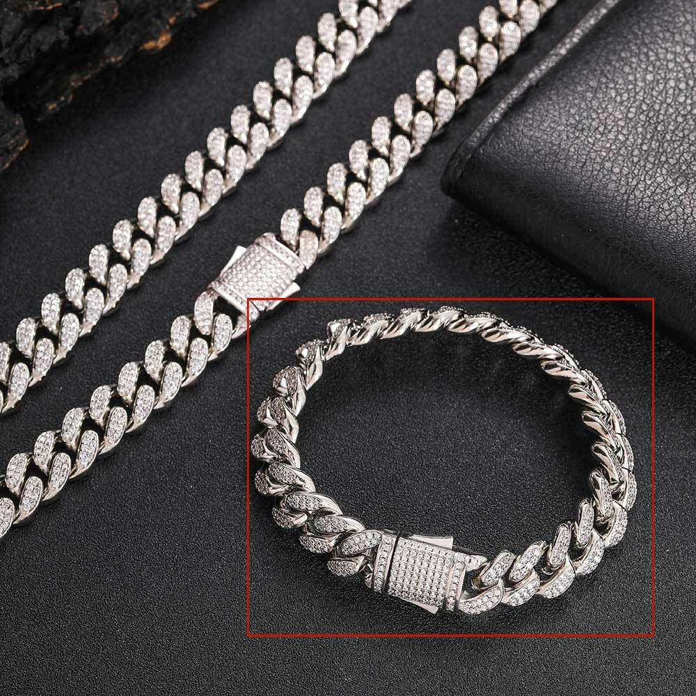 Collier et Bracelet en Zircon à Double rangée, ornement Hip Hop européen, attache à ressort de 12mm