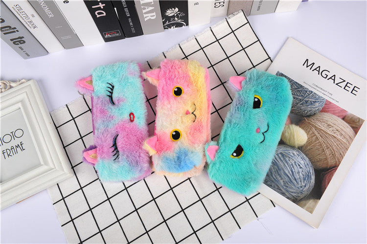 Trousse à crayons en peluche chat couleur Laser, sac de papeterie pour étudiant