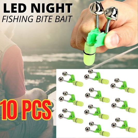 10x LED alarme de morsure d'appât de pêche de nuit double 2 cloches tige lumineuse pointe Clip anneau d'alerte