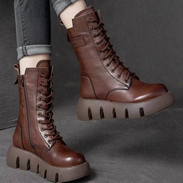 Botas de moda con forro polar para otoño e invierno, cómodas, de tacón bajo, estilo Retro, de charol, estilo británico