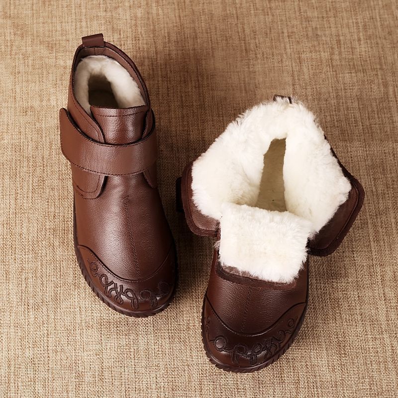 Chaussures en coton en cuir souple et fourrure épaisse, antidérapantes, semelle souple, bottes courtes doublées en polaire pour mère et femme d'âge moyen, hiver