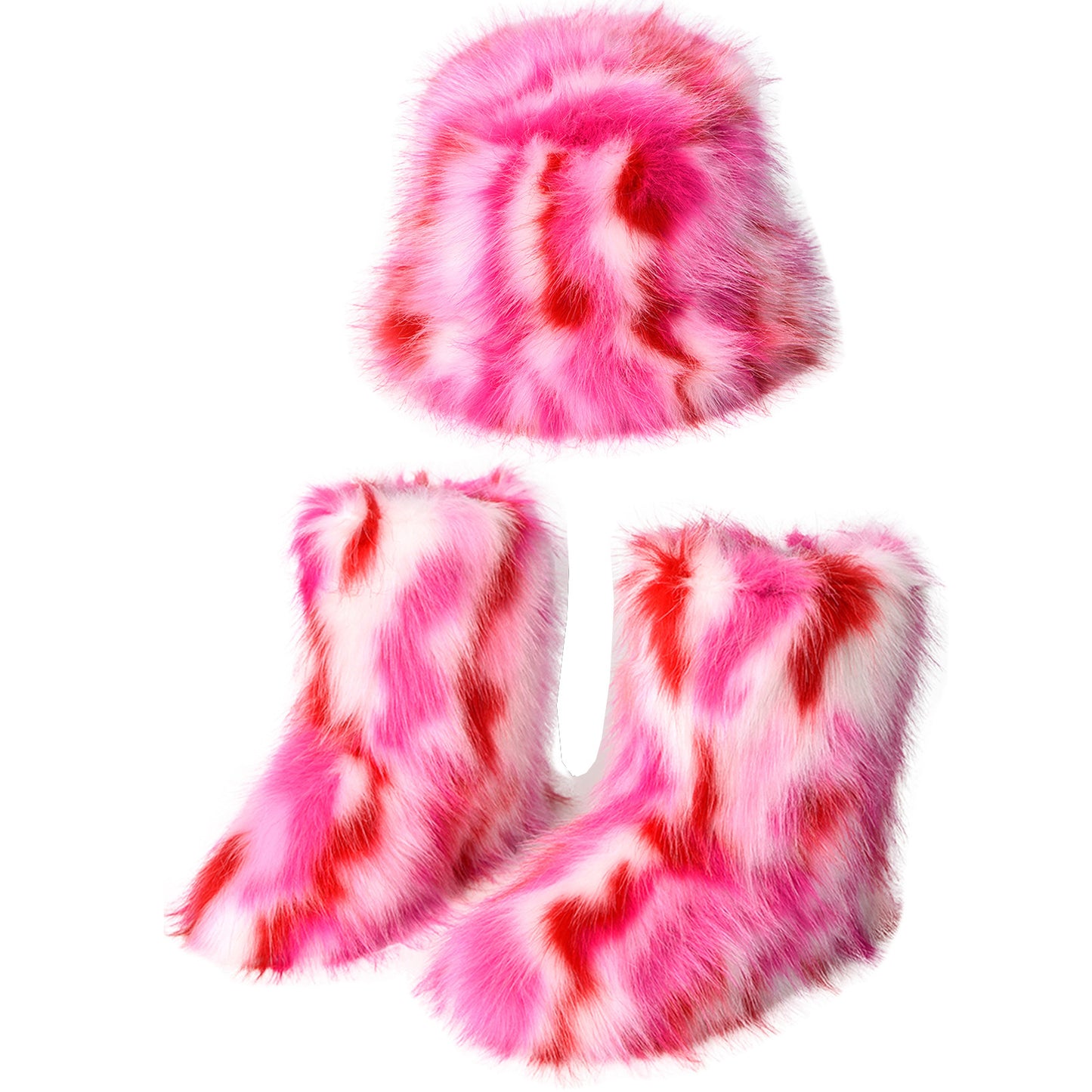 Bottes chaudes en peluche, chapeau seau en fourrure colorée