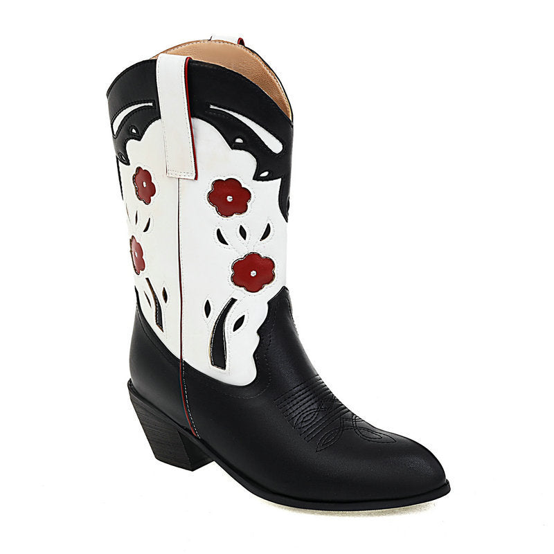 Nouveau Talon épais talon haut mi-mollet couleur correspondant Western Cowboy botte