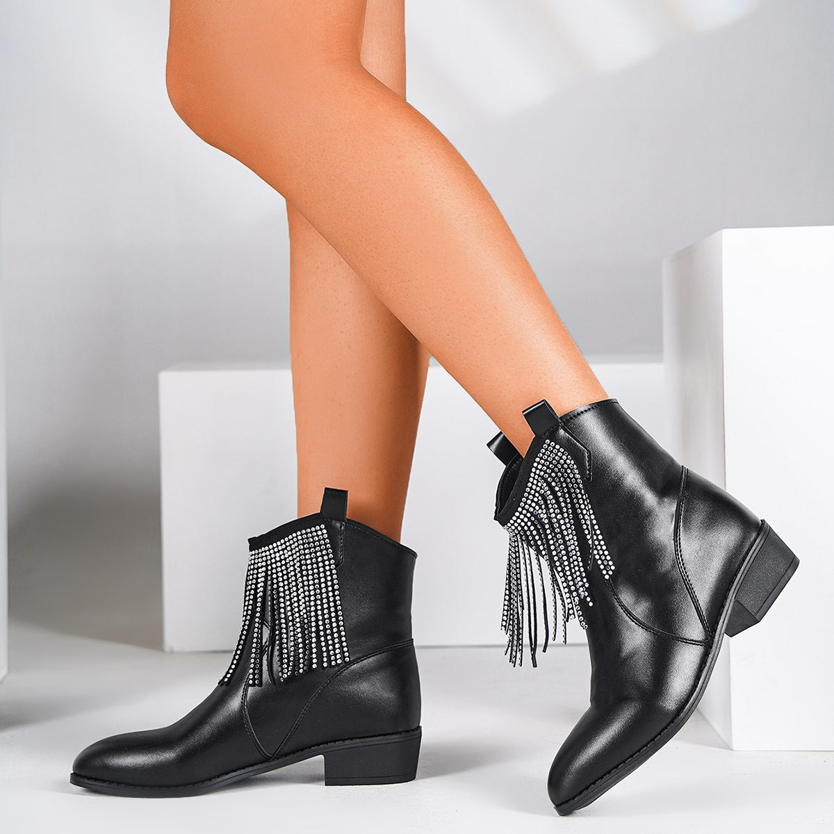 Gland Strass Bottes Courtes Femme Talon Mi-Hauteur Talon Épais