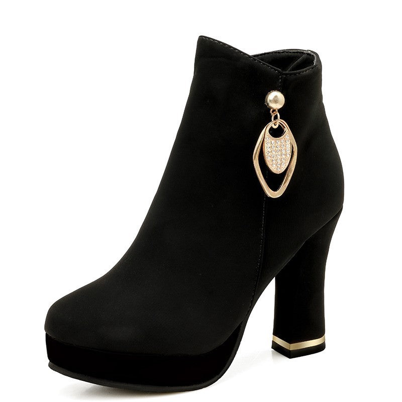 Bottes courtes à talons épais en strass, bottes courtes à plateforme imperméables à talons hauts