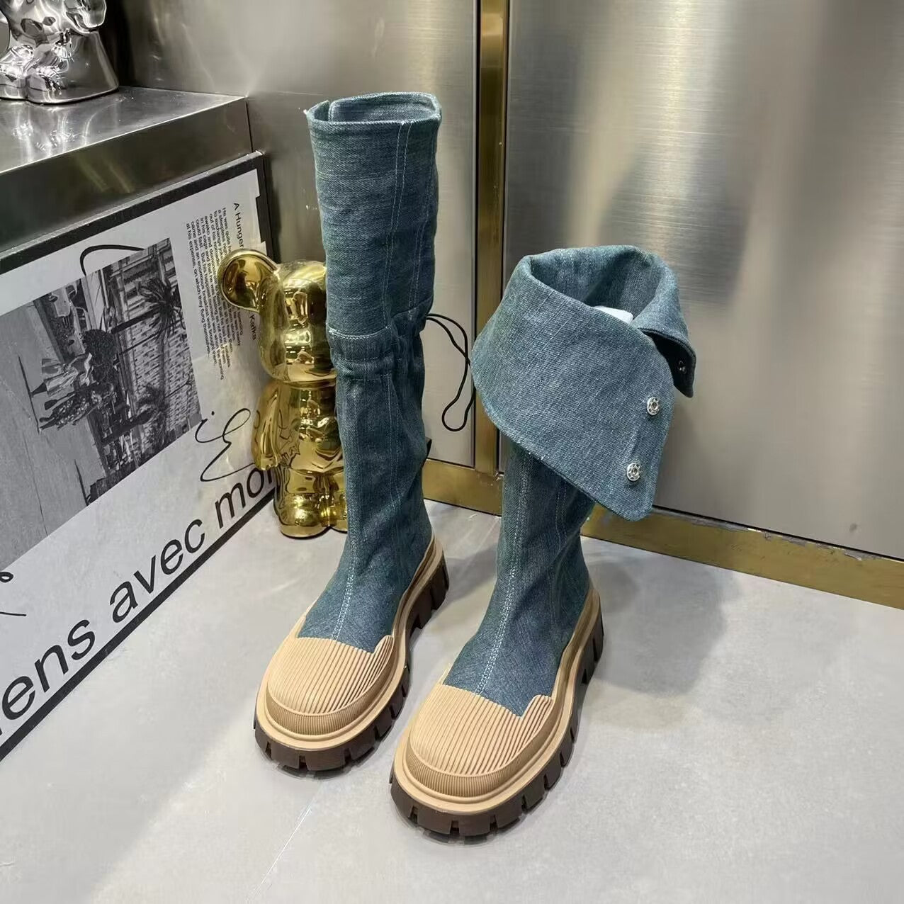 Denim femme bottes toile fond épais tête ronde