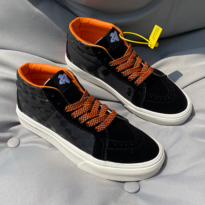 Chaussures de style universitaire pour hommes, toile mi-haute à carreaux noir et orange