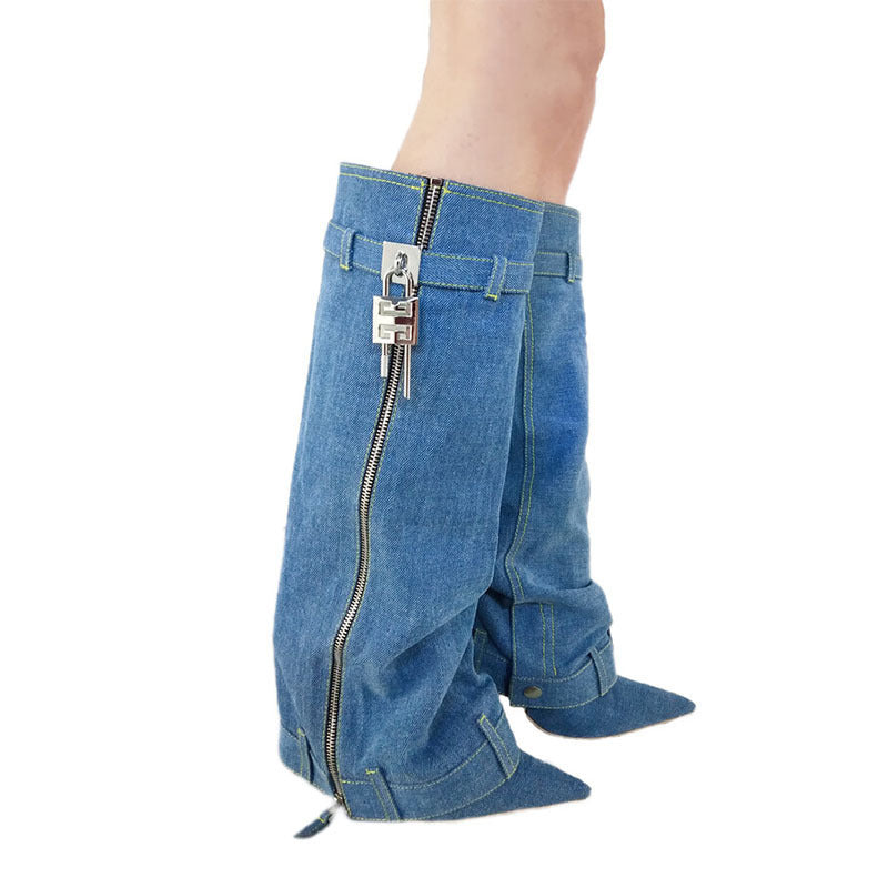 Botte haute décontractée avec fermeture éclair et boucle en métal pour femme, mode féminine pointue