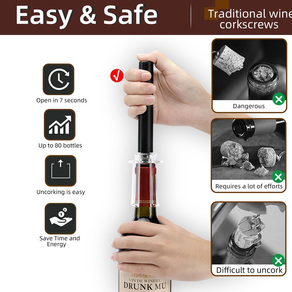 Ouvre-bouteille de vin avec coupe-capsule, ouvre-bouteille de vin à pression d'air, tire-bouchon facile, accessoires de barre en acier inoxydable, fournitures de cuisine, ouvre-bouteille de vin à pression d'air, ensemble de quatre pièces cylindre