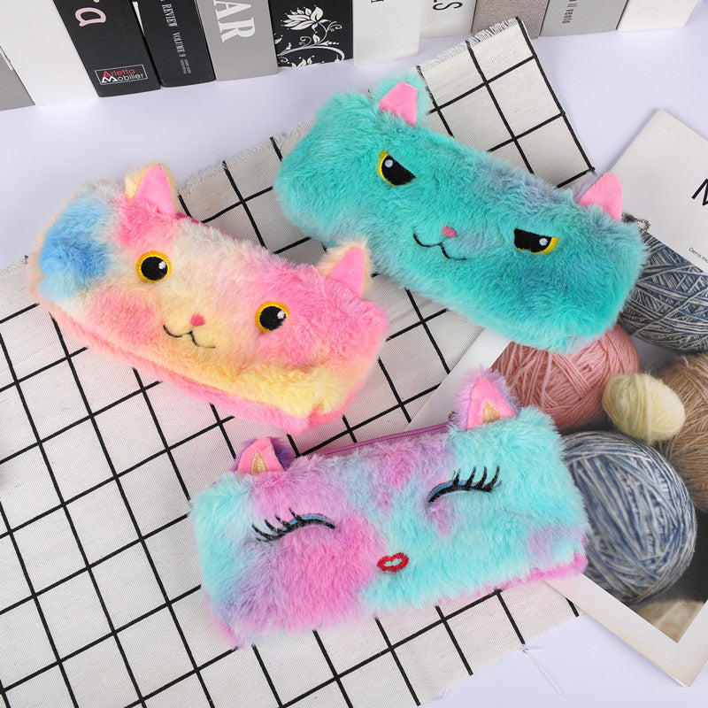 Trousse à crayons en peluche chat couleur Laser, sac de papeterie pour étudiant