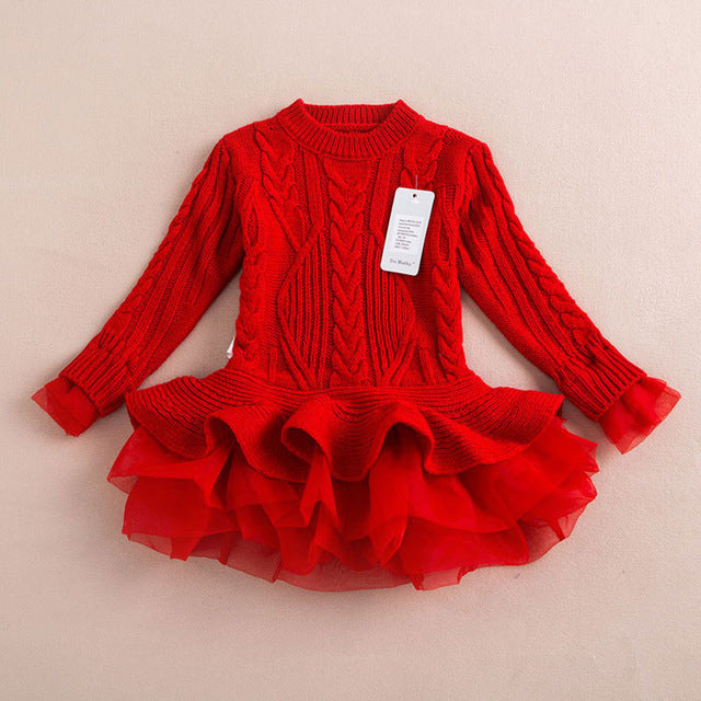 Robes de Noël d'hiver pour filles, vêtements tricotés pour enfants, rouge chaud