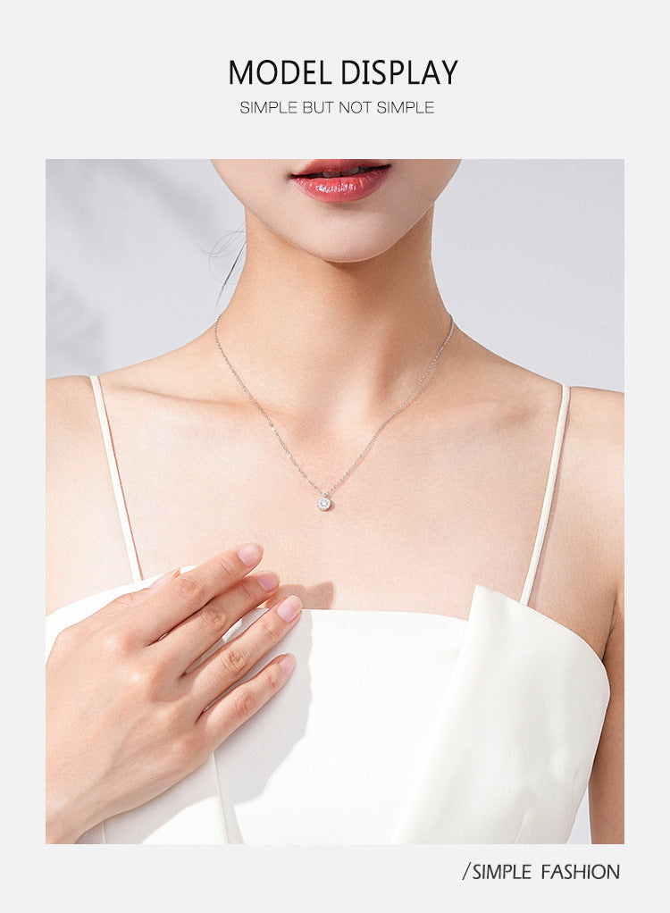 S925 Sterling Silver Round Finely Inlaid Pendant Necklace Women's Japanese And Korean Style