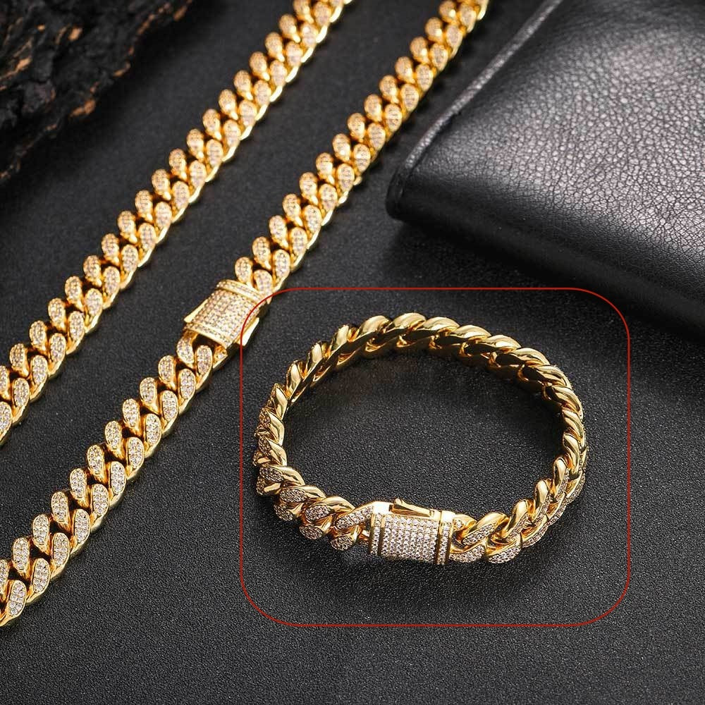 Collier et Bracelet en Zircon à Double rangée, ornement Hip Hop européen, attache à ressort de 12mm