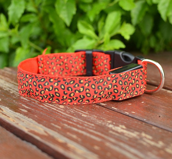 Collar de perro LED Collar de mascota de leopardo de nailon ajustable de seguridad