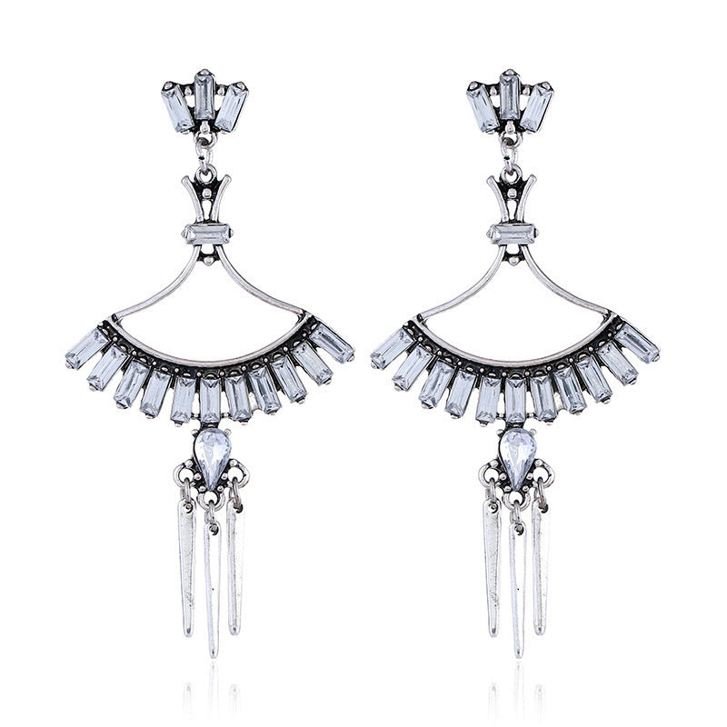 Retro Ethnic Style Earrings Color Rhinestone Simple Geometric Hollow Carved