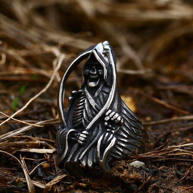 Bague pour hommes en acier inoxydable, faucille de mort rétro, crâne en acier titane